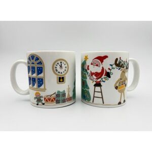 Vintage 1985 Avon Christmas Lights Mug Set of 2 Santa Reindeer Coffee Cocoa Mugs